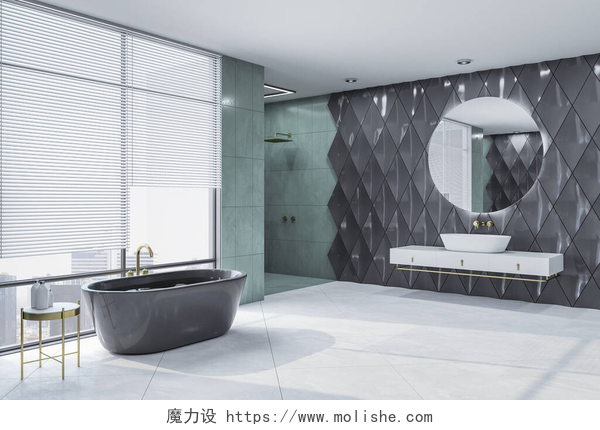 浴室里的浴缸和内部场景展示带有装饰物品和全景城市氛围的当代卫生间房间。风格和卫生概念。3D渲染